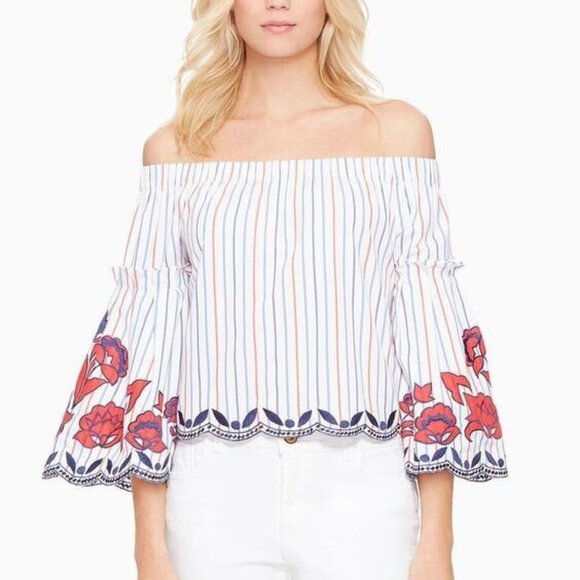 Parker Tops - PARKER Dane Off Shoulder Embroidered 3/4 Sleeves Stripe Scallop Blouse XS NEW